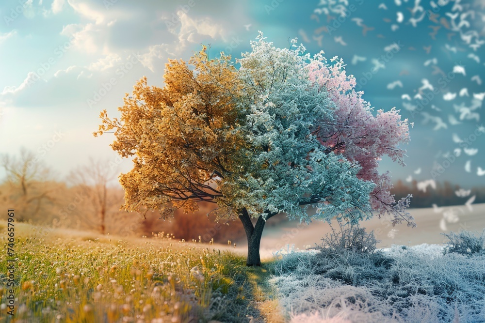 Aufkleber A serene image of a tree in a vast field with birds flying around. Suitable for nature and wildlife themes
