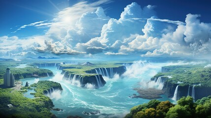 a rainbow hanging high above falls, in the style of realistic blue skies, photomontage, naturalistic landscape backgrounds, hd, light brown and sky-blue