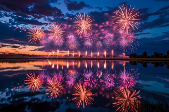 A mesmerizing composition capturing the beauty of fireworks reflected in a calm body of water, creating a stunning mirror image of colorful bursts against a dark sky.