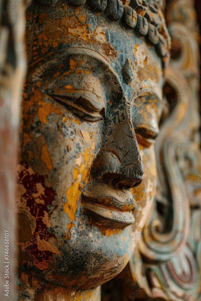 Poster detailed close up of a statue depicting a person's face. suitable for various design projects