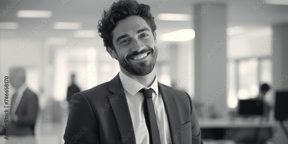 Poster a man in a suit and tie smiling at the camera. suitable for business concepts