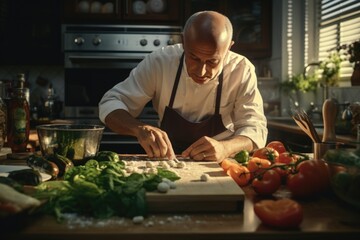 Fototapeta premium A man in an apron chopping vegetables, suitable for cooking websites