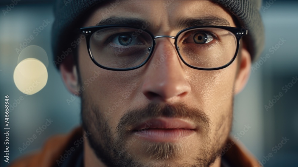 Poster Close up of a man wearing glasses and a hat. Suitable for business or casual concepts