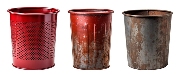 Set of three empty small trash garbage cans. Old rusty buckets, isolated elements. Disposal of waste concept.