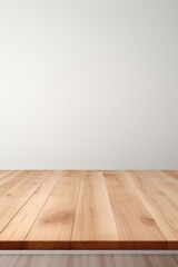 Simple wooden table with white wall background. Suitable for home decor or interior design concepts