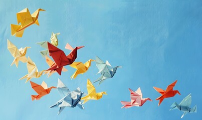 Witness the grace of colorful paper origami birds soaring against a clear blue sky in a captivating and artistic composition