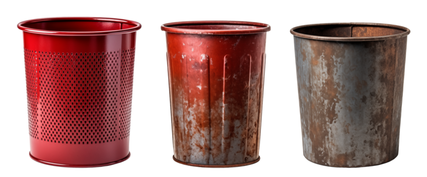 Set of three empty small trash garbage cans. Old rusty buckets, isolated elements. Disposal of waste concept.