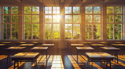 Sunlit Empty Classroom Symbolizing Fresh Starts