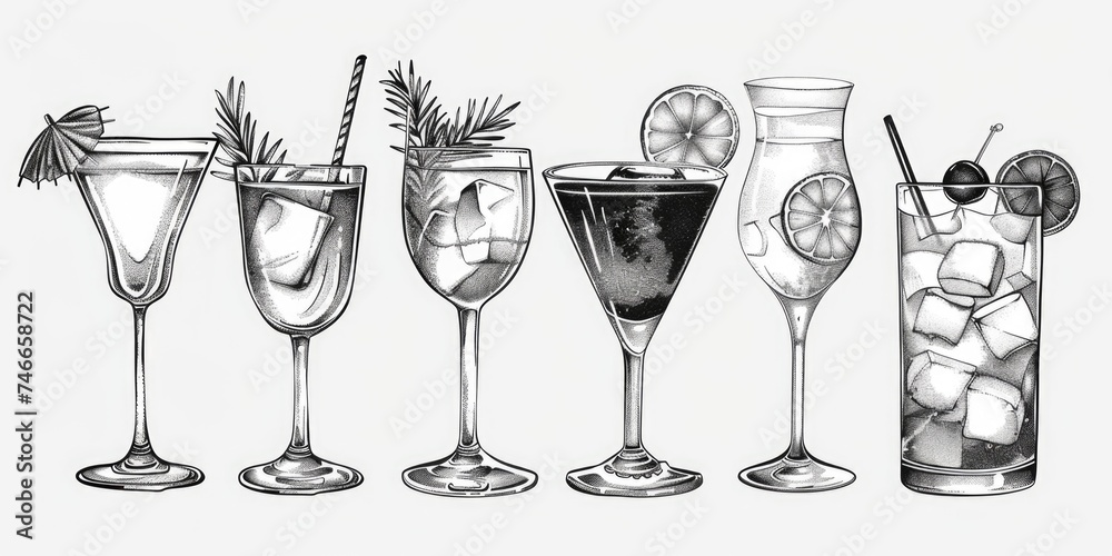 Poster assorted glasses with different beverages, ideal for menus or party invitations