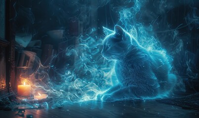 A ghost cat made of blue smoke near a candle in a dark room - obrazy, fototapety, plakaty