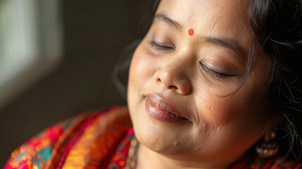 A South Asian woman with Down syndrome looking peaceful and serene, with a soft smile. Learning Disability