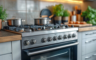 Built-in gas stove in modern domestic kitchen.