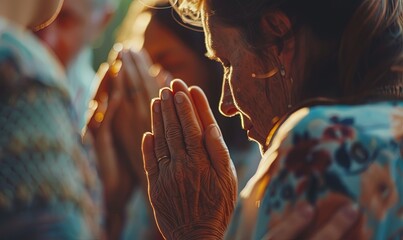 Sense of devotion and spiritual fulfill with christian catholic follower immerse in faith. Slow motion christian people practicing group prayer, holding hand while praying together. Burgeoning - obrazy, fototapety, plakaty