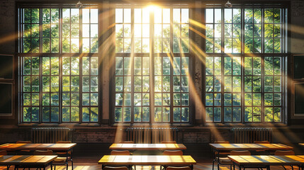 Sunlit Empty Classroom Symbolizing Fresh Starts