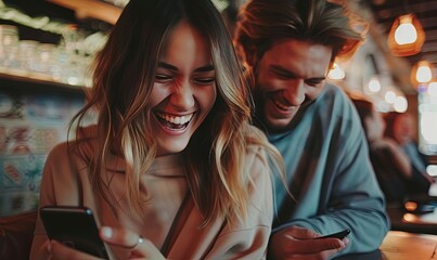 The couple sits on social media and laughs - obrazy, fototapety, plakaty