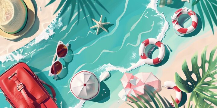 Aerial view of beach with palm leaves, sunglasses, and life preserver. Perfect for travel and vacation concepts