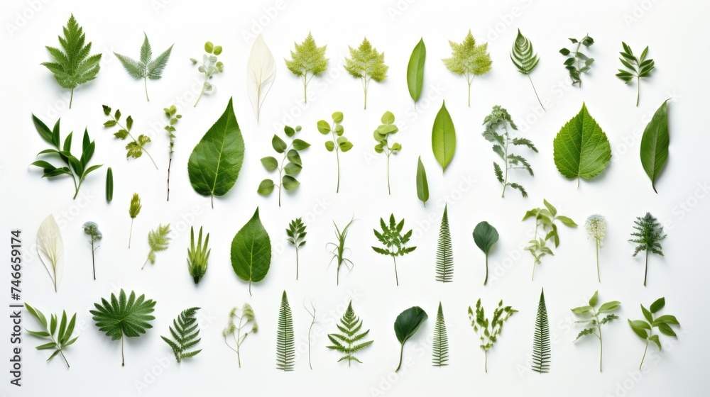Poster collection of different types of leaves on a white surface. suitable for botanical presentations