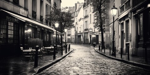 A black and white photo of a cobblestone street, suitable for various design projects - Powered by Adobe
