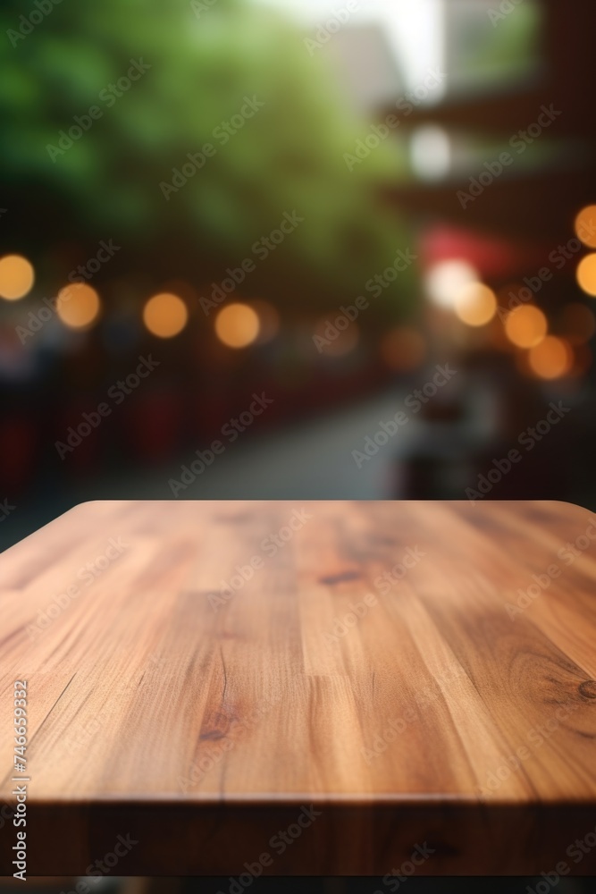 Poster a wooden table with blurry lights in the background. suitable for various design projects