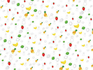 Seamless pattern with yellow bananas, pineapples and juicy strawberries