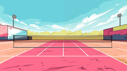 Outdoor tennis court with pink coloured ground. 