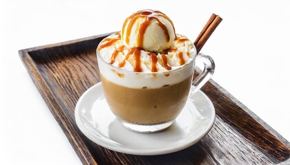 cappuccino with icecream and butterscotch topping isolated on wh