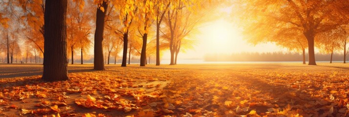 Beautiful autumn landscape with yellow trees and sun. Colorful foliage in the park. Falling leaves natural background