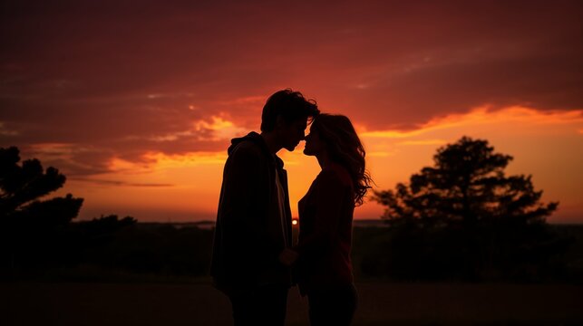 Silhouette of a couple sharing a kiss against a sunset