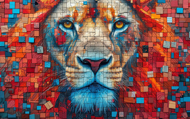 Colourful portrait of lion on the wall puzzle or mosaic style.