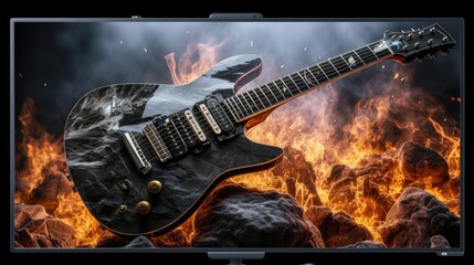 Obraz premium Black electric guitar on top of rocks, perfect for music-related designs