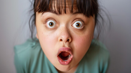 A biracial teenage girl with Down syndrome looking surprised and curious, with raised eyebrows. Learning Disability
