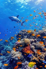 A large group of fish swimming over a colorful coral reef. Perfect for marine life illustrations