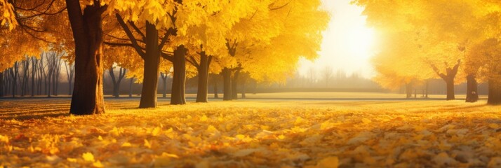 Beautiful autumn landscape with yellow trees and sun. Colorful foliage in the park. Falling leaves natural background - obrazy, fototapety, plakaty