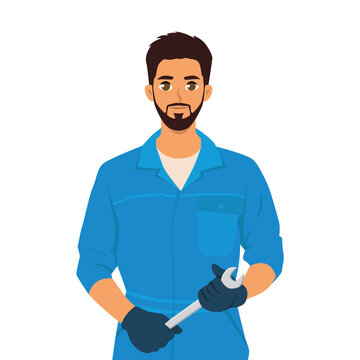 Young Bearded man mechanic or handyman in work clothes holding a spanner. Flat vector illustration isolated on white background