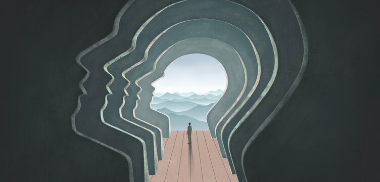 Mind, soul, spiritual and brain concept art. conceptual illustration. surreal painting. human and nature.