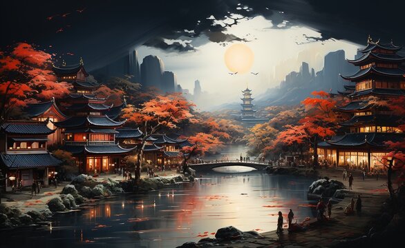 a river with hundreds of buildings and people passing by, in the style of chinese cultural themes, villagecore, dark crimson and green, interactive experiences, whistlerian, roa, travel