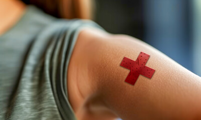 Medical sticking plaster red cross shaped on female arm.