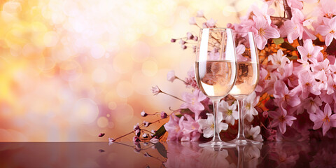 Two glasses of champagne or sparkling wine with pink cherry blossoms on the table. Spring banner with alcoholic drinks. - obrazy, fototapety, plakaty