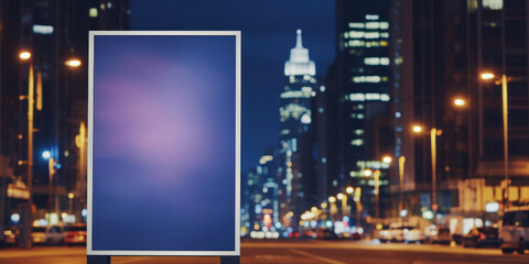 Blank blue street banner on night city background. Free space for product placement or advertising text.