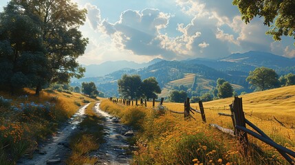 a road is leading along a yellow field with trees, in the style of villagecore, photo-realistic landscapes