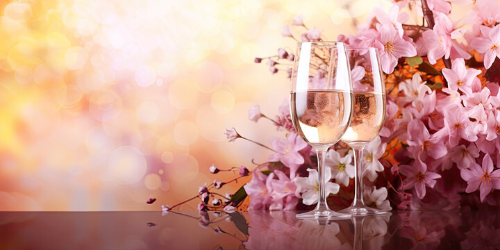 Two glasses of champagne or sparkling wine with pink cherry blossoms on the table. Spring banner with alcoholic drinks.