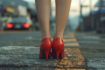 Rear view female feet in red stilettos on the road in city. Prostitution social issues. - obrazy, fototapety, plakaty