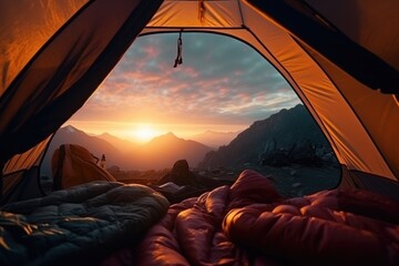 A scenic tent with a view of the mountains at sunset. Perfect for outdoor enthusiasts and adventure seekers