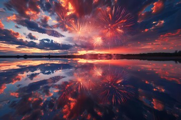 A mesmerizing composition capturing the beauty of fireworks reflected in a calm body of water, creating a stunning mirror image of colorful bursts against a dark sky.