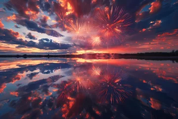 Cercles muraux Violet A mesmerizing composition capturing the beauty of fireworks reflected in a calm body of water, creating a stunning mirror image of colorful bursts against a dark sky.