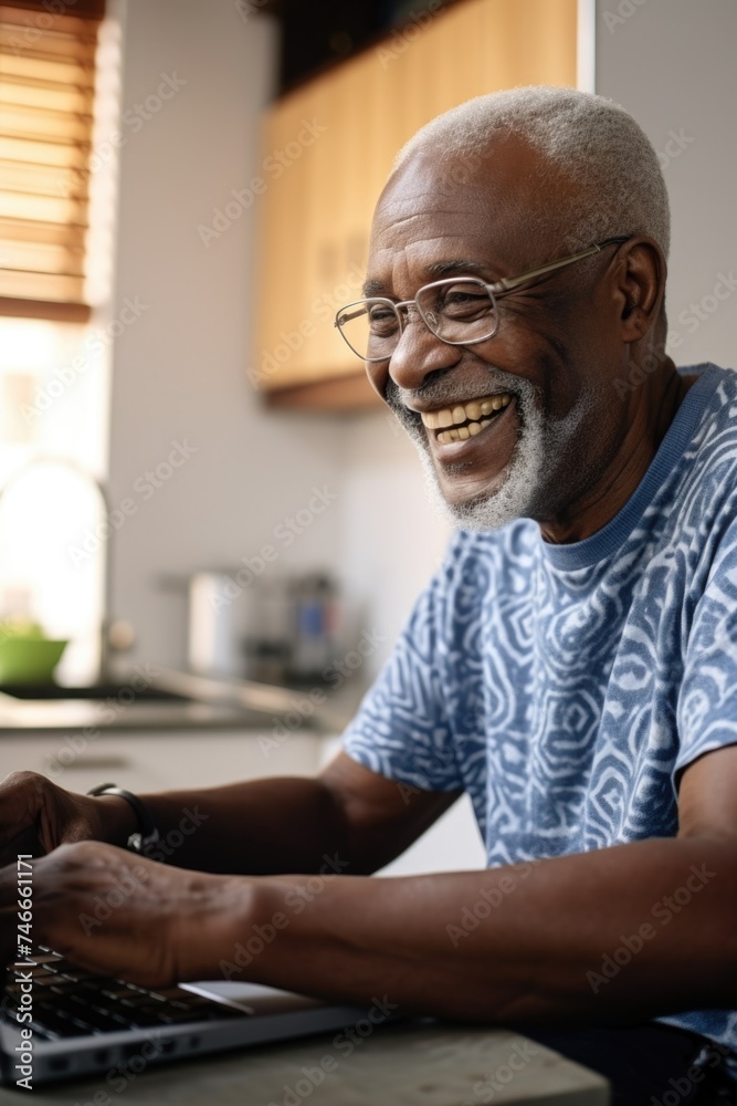 Aufkleber A man sitting at a kitchen table using a laptop computer. Suitable for technology and work from home concepts