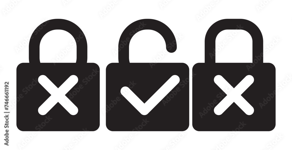 Wall mural lock and unlock check mark and cross mark icon. . open and closed padlock. protection and security l