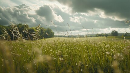 A scenic view of a field of tall grass with dramatic clouds in the background. Perfect for nature and landscape themes