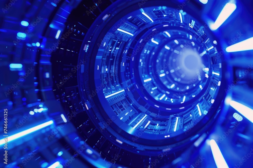 Poster a unique spiral shaped object with blue lights, perfect for futuristic and technology concepts