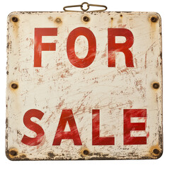Isolated old metal hanging sign with red text For Sale. Selling a house, property.